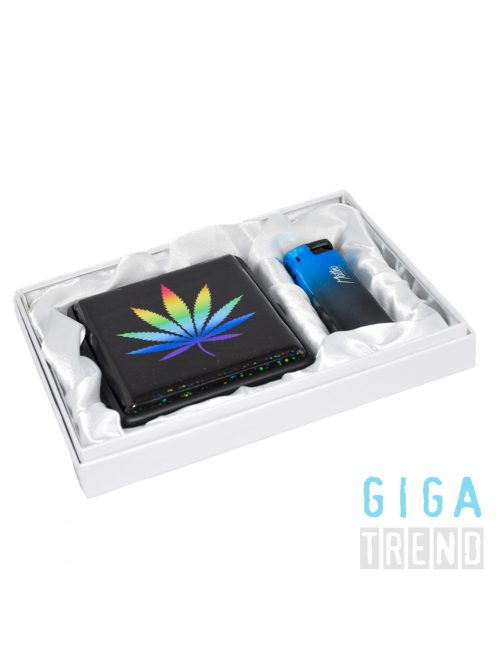 Vihar öngyújtó és prémium cigaretta tárca - Ajándékszett cannabis-kék